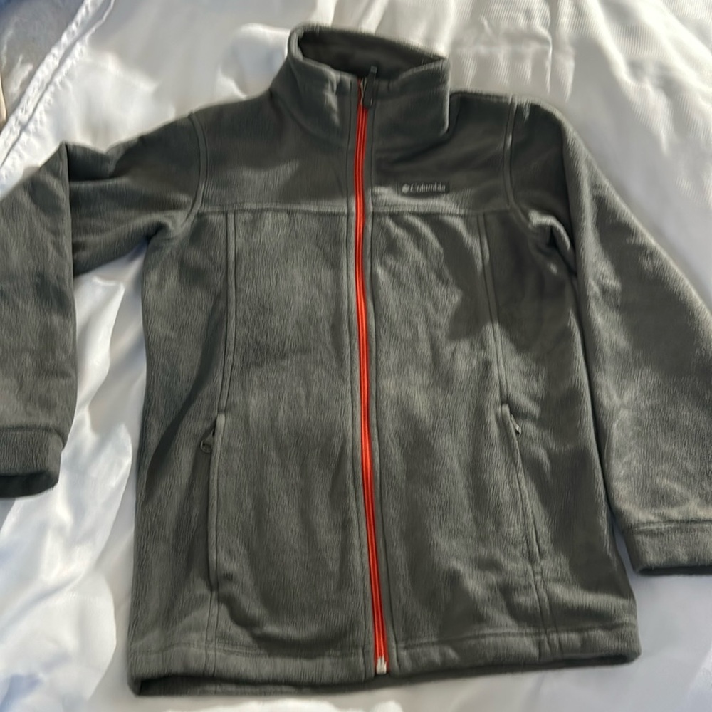 Columbia Boys zip up fleece sweatshirt. Grey with red zippers. Light weight